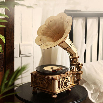 Hand Crank Classic Gramophone with Music 424pcs Wooden Model Building Kits Gift for Children Adult