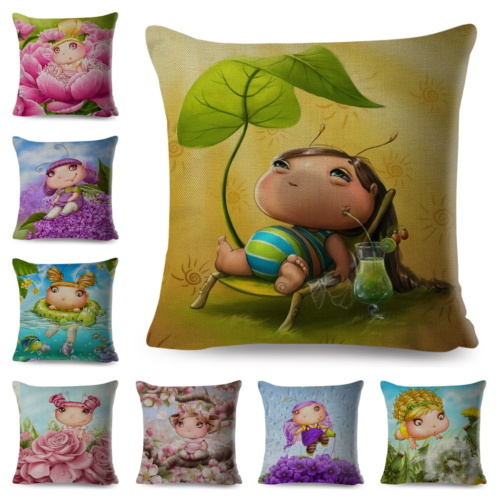 Cute Cartoon Flower Girl Pillowcase Decor Fairy Tale World Cushion Cover