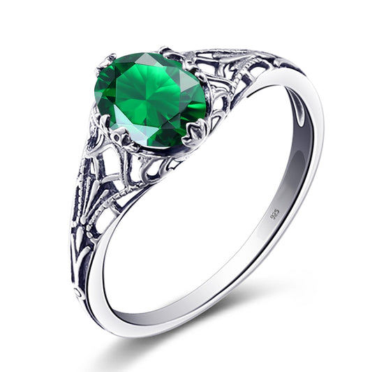 Anillo vintage de esmeralda ovalada en plata de ley 925 auténtica