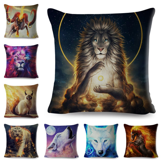 Mythology Lion Wolf Horse Pillow Case Decor Cartoon Water Color Animal Cushion Cover