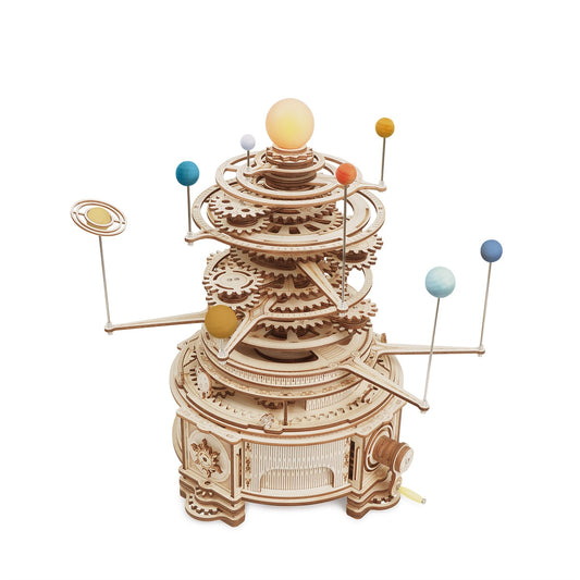 Rotatable Mechanical Orrery DIY Wooden Model Building Block Kits Assembly Toy