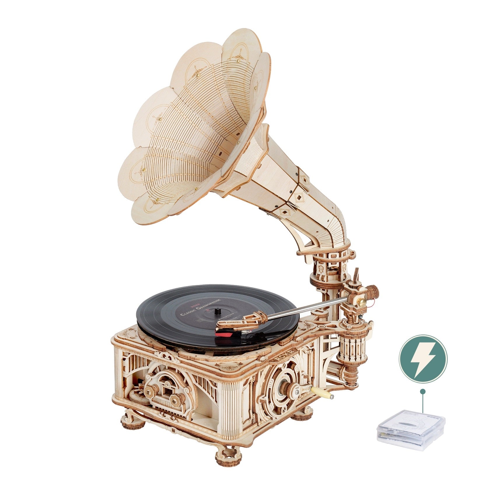 Hand Crank Classic Gramophone with Music 424pcs Wooden Model Building Kits Gift for Children Adult
