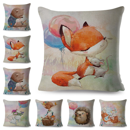 Funda de almohada nórdica con diseño de zorro y oso, con dibujos de animales