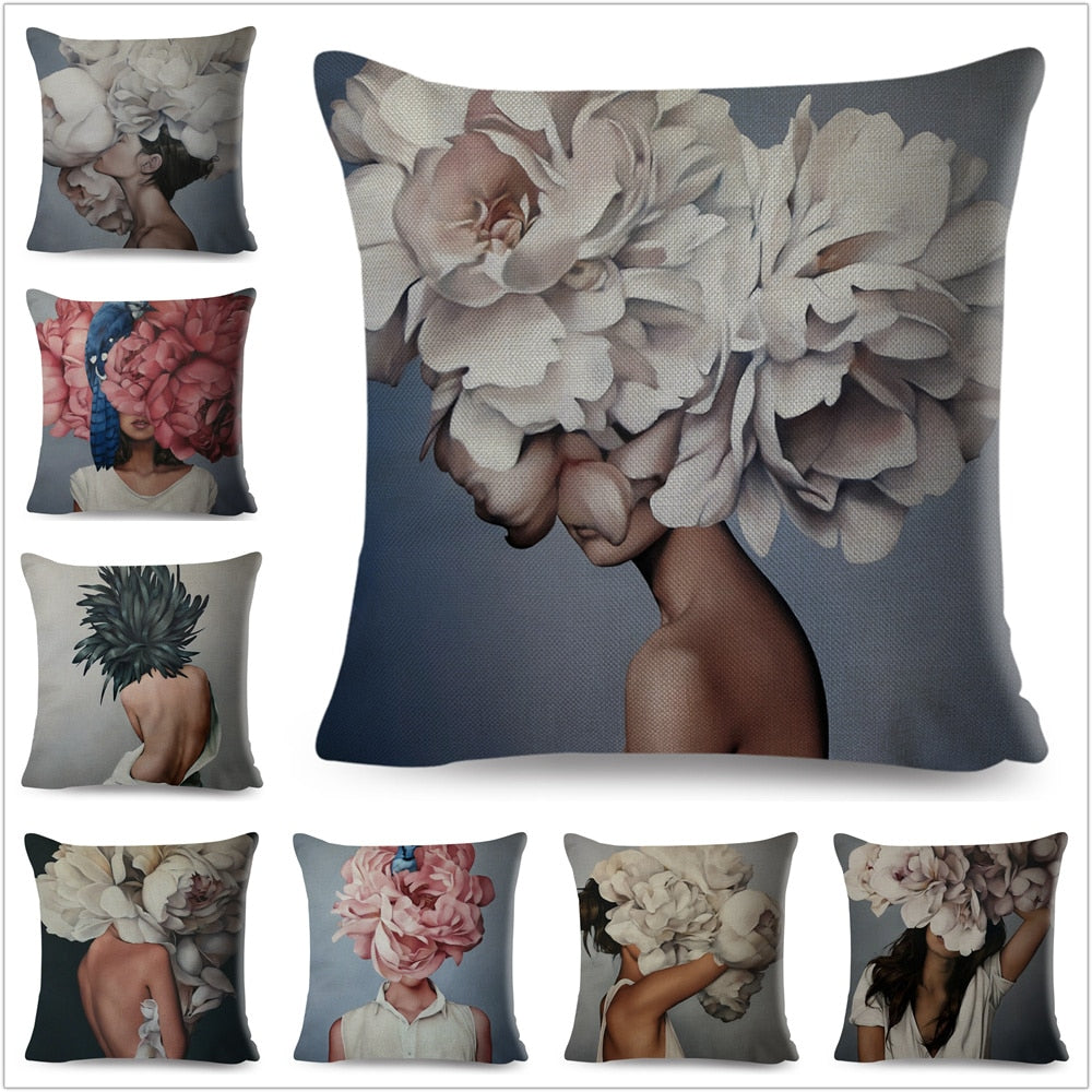 Harajuku Aesthetics Cushion Cover Decor Sexy Flowers Feather Lady Print Pillow Case