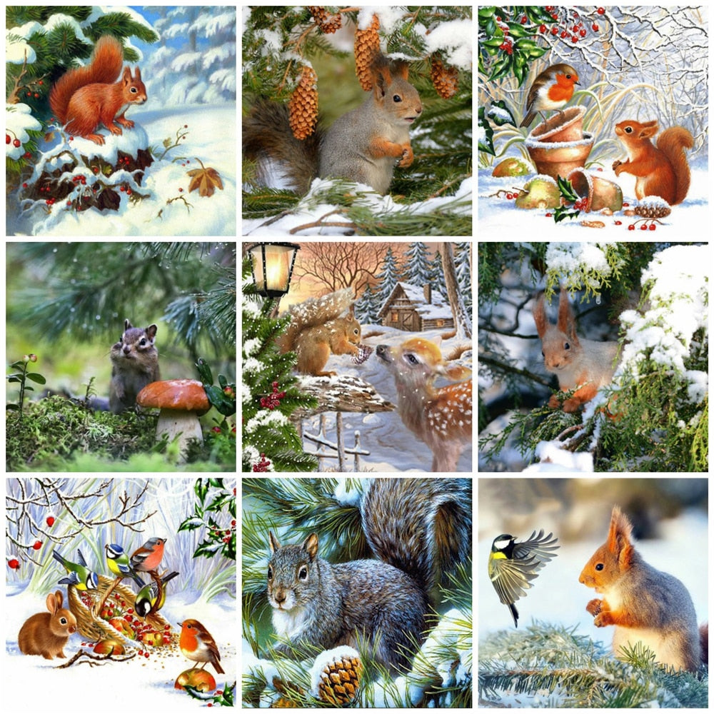 Diamond Embroidery Squirrel Tree Diamond Painting Mosaic Animal Winter Snow Cross Stitch Home Decor