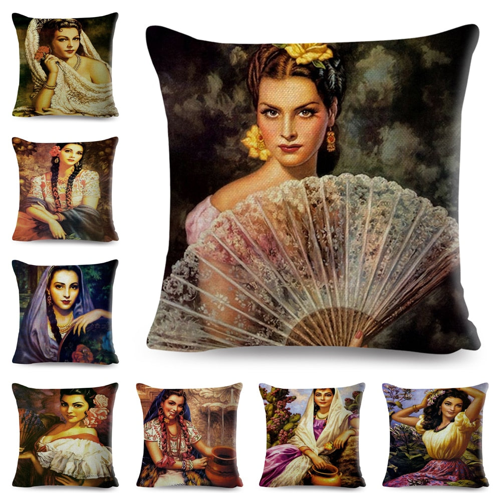 Vintage Style Woman Art Cushion Cover Decor Europe Lady Girl Print Pillow Case