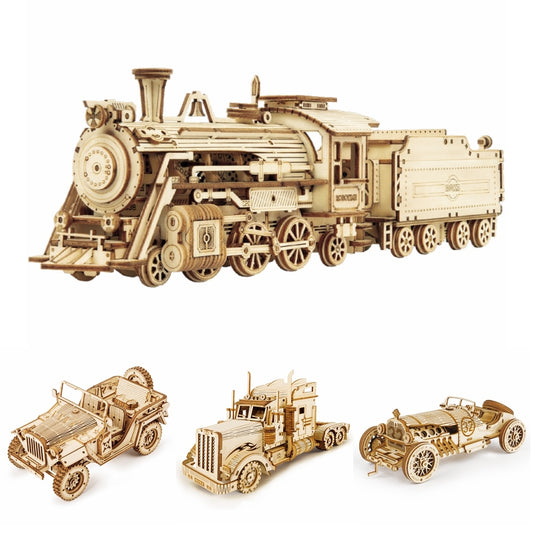 3D Puzzle Movable Steam Train Car Jeep Assembly Toy Wooden Model Building Block Kits