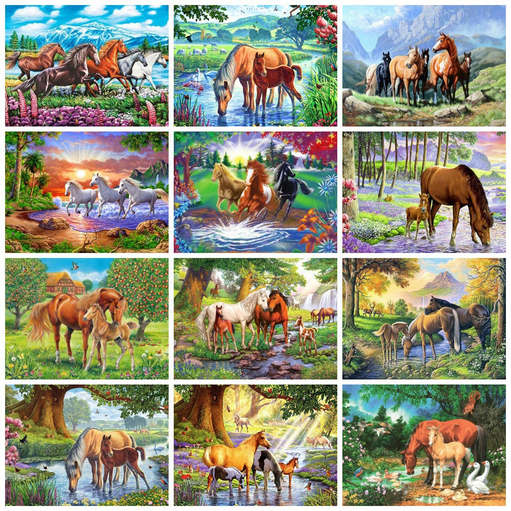 5d Diy Diamond Painting Horse Natural Landscape Home Decor Diamond Mosaic Embroidery River Tree Scenery Wall Sticker