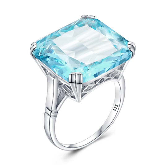 Anillo cuadrado de aguamarina en plata de ley 925 auténtica