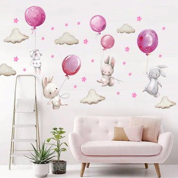 Watercolor Pink Balloon Bunny Cloud Wall Stickers