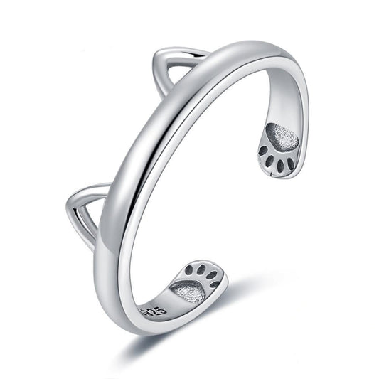 Anillo ajustable abierto con forma de pata de gato en plata de ley 925