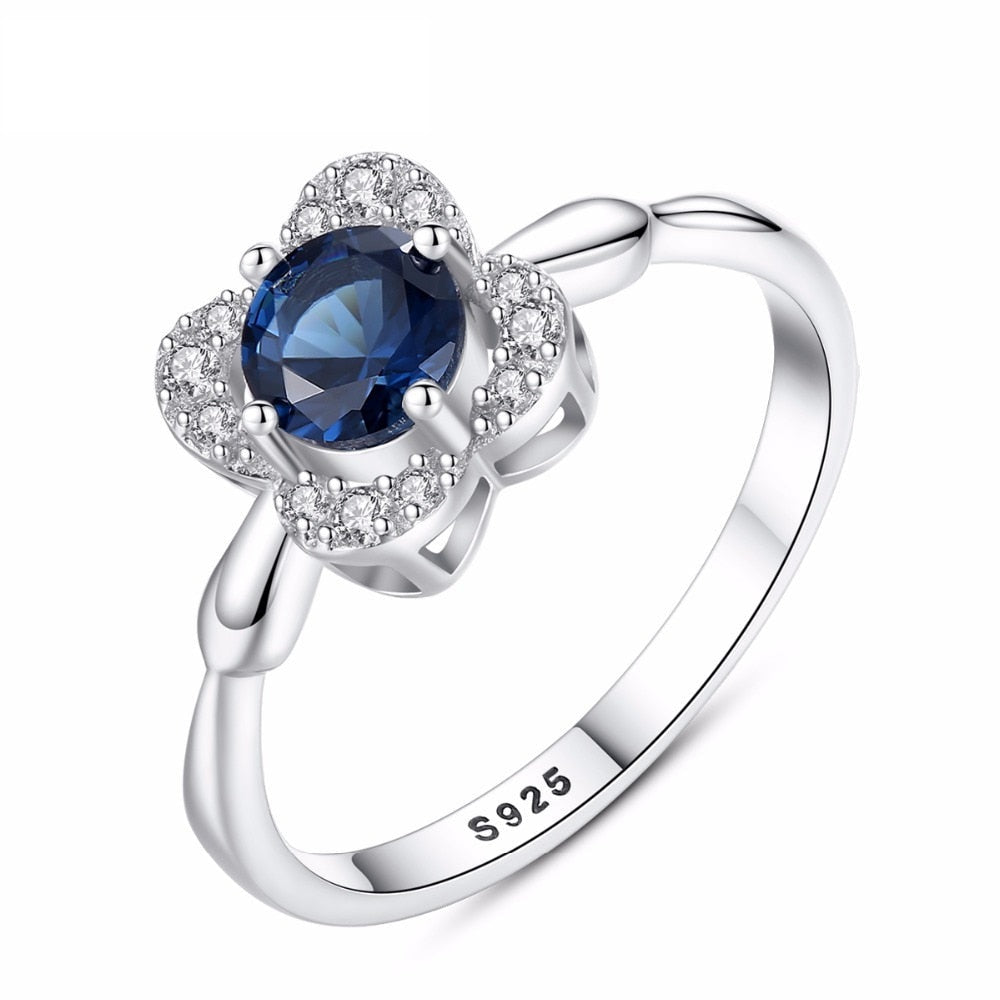 Classic Created Blue Sapphire Solitaire Flower Gemstone Ring