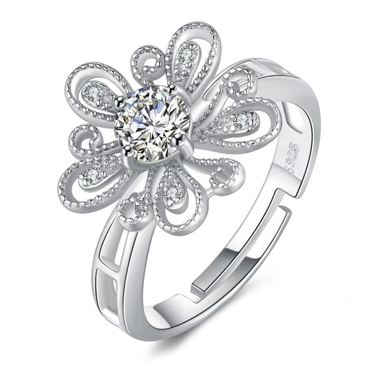 Cubic Zirconia Milgrain Filigree Blossom Flower Adjustable Open Ring