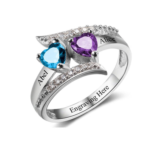 Custom Birthstone Engrave Name 925 Sterling Silver Heart Ring
