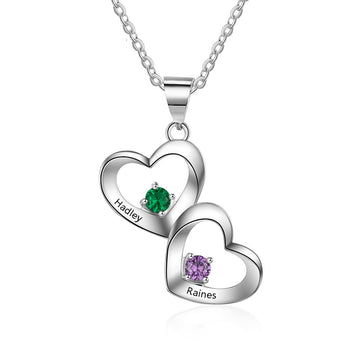 Customized 2 Birthstones Heart 925 Sterling Silver Necklaces Personalized Engraving Necklace
