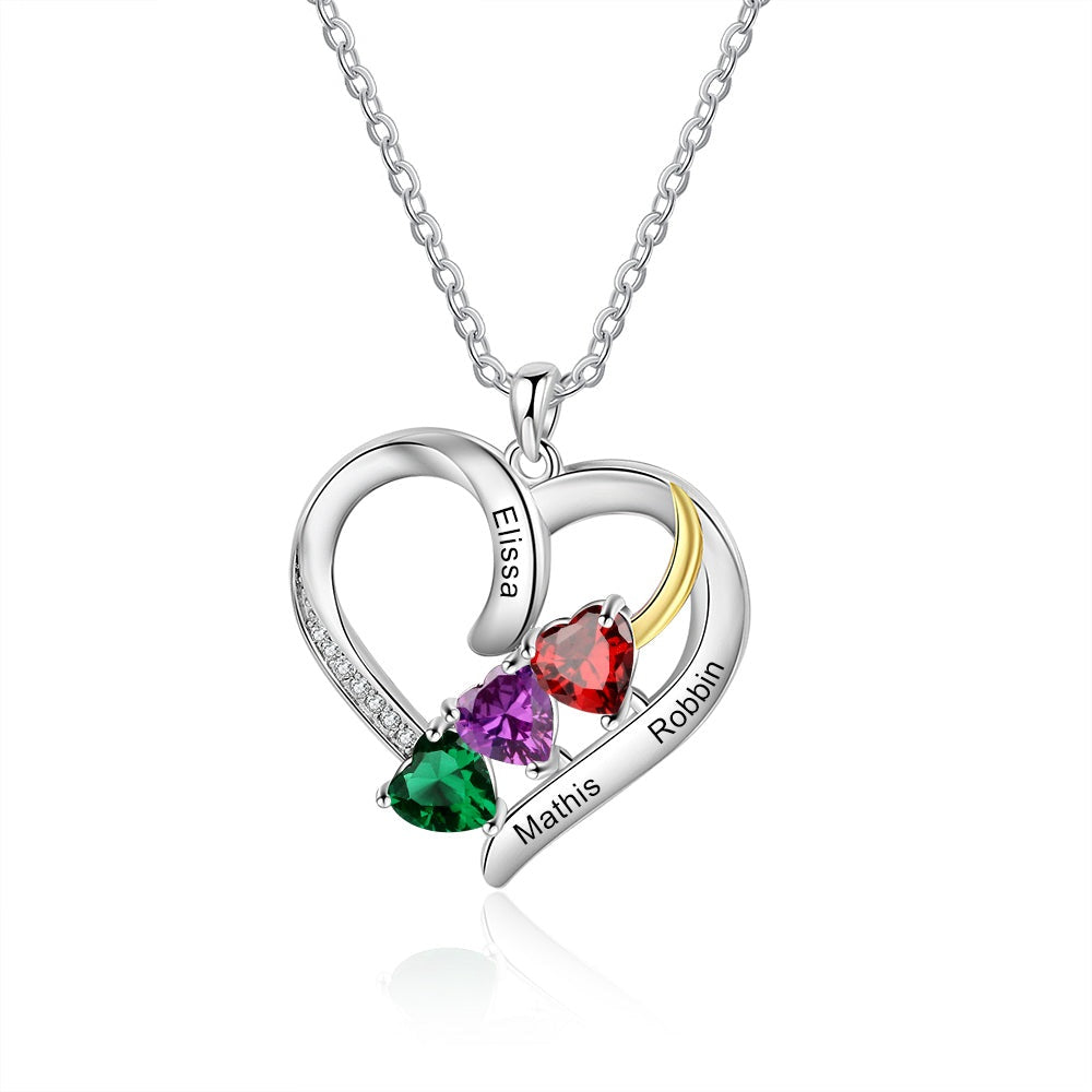 Customized Heart Pendant with 3 Birthstone Personalized Engraved Name Necklace