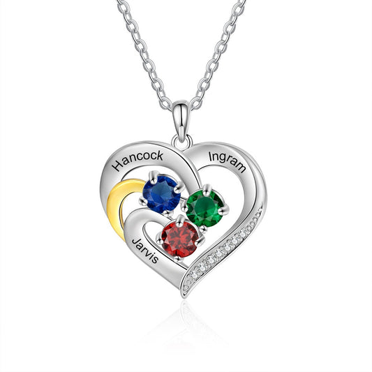 Customized Heart Pendant with Round Birthstone Personalized Engraved 3 Names Necklace