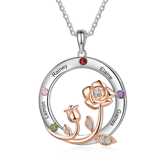 Customized Romantic Rose Flower Circle Necklaces for Women Personalized Engraved 2-4 Name Necklace