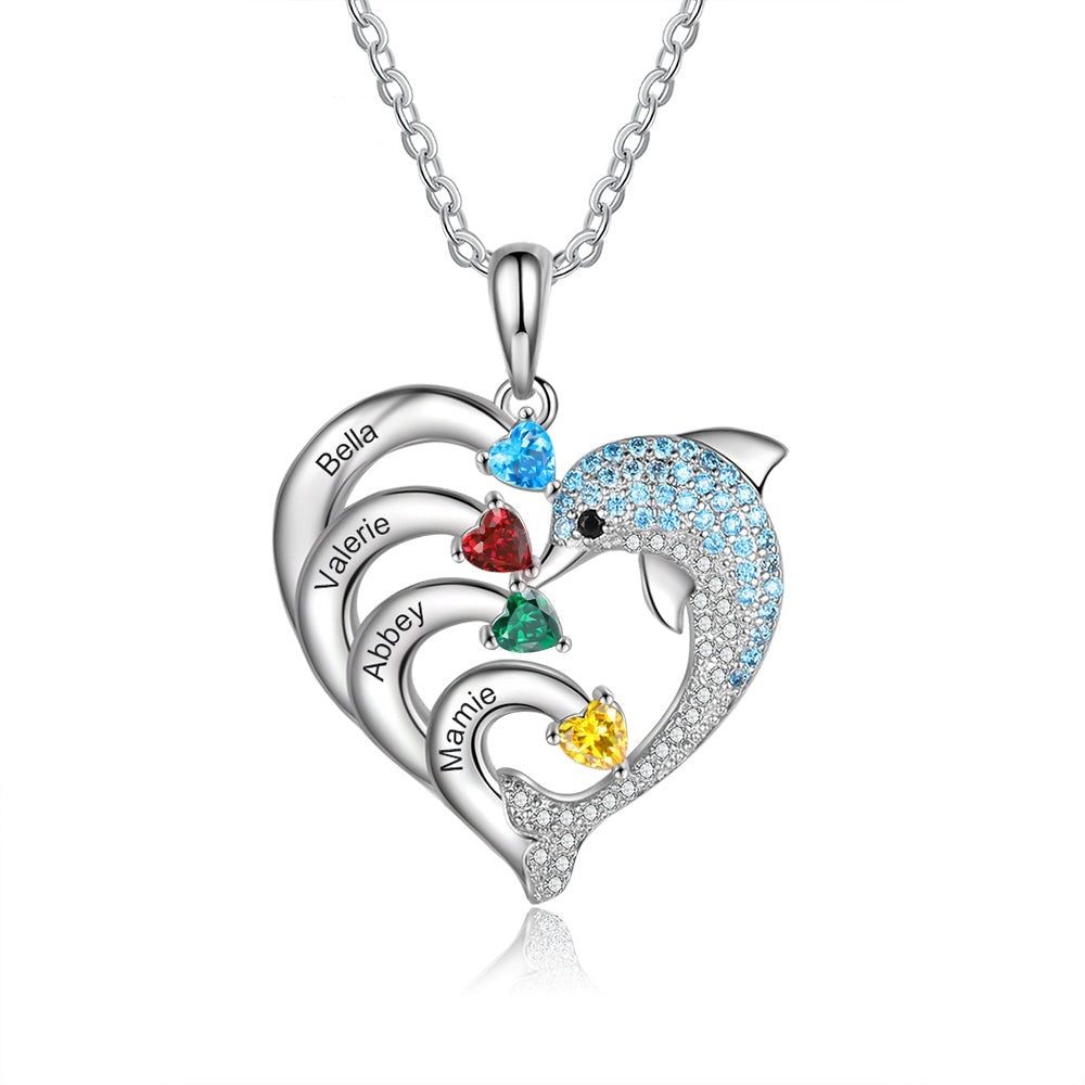 Dolphin Personalized Engraved 2-8 Name Necklace Customized Heart Pendant with Birthstone Gifts