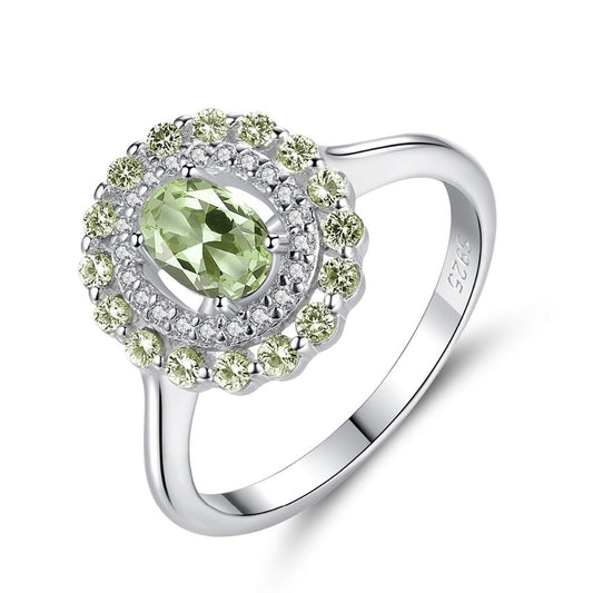 Anillo de compromiso de plata de ley 925 con piedra verde oliva de corte ovalado