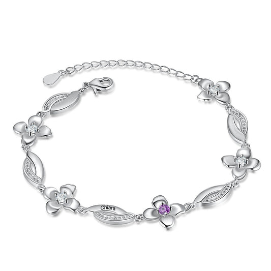 Flower Customized 5 Birthstones Personalized Name Engraved Bracelet