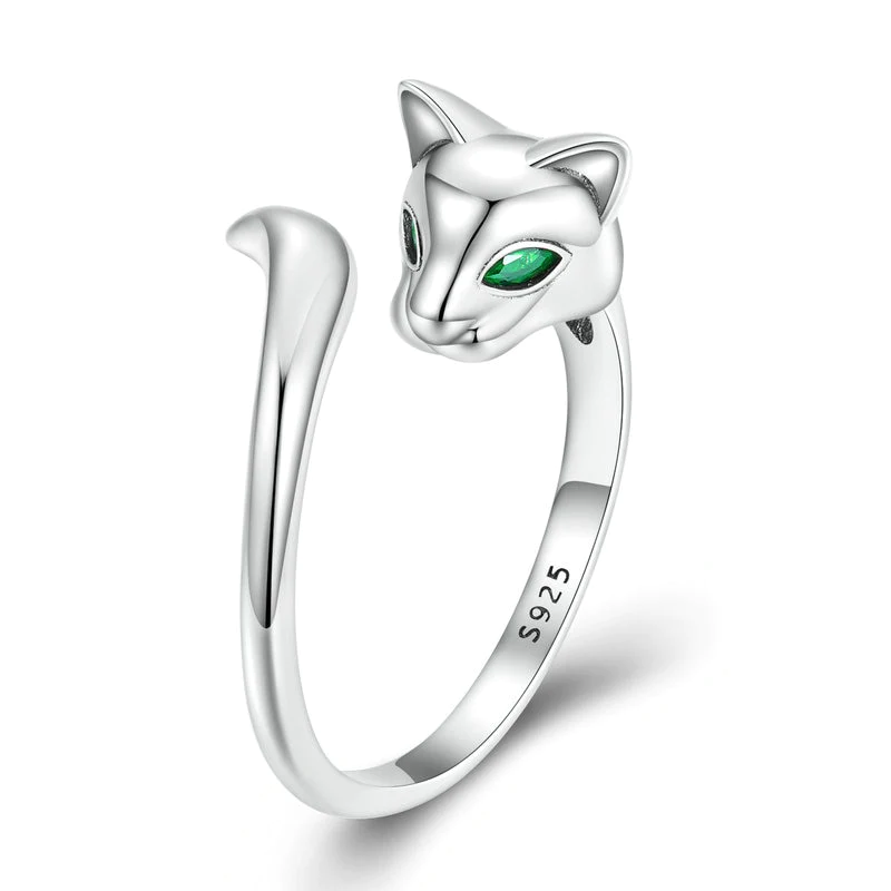 925 Sterling Silver Fox Ring Green Zircon Fox Tail Adjustable Ring