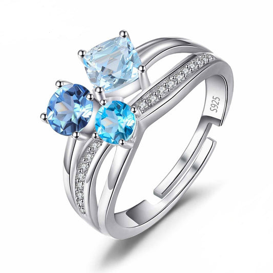 Anillo de plata de ley 925 con 3 piedras de topacio azul y topacio blanco genuino