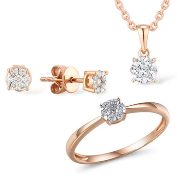 Genuine 14K 585 Rose Gold Sparkling Diamond Delicate Round Earrings Ring Pendant Jewelry Set