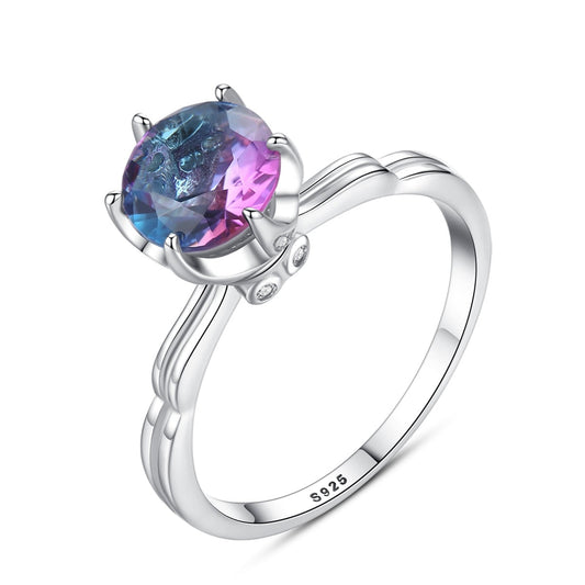 Anillo de compromiso de plata de ley 925 auténtica con topacio místico arcoíris y piedra preciosa maciza.