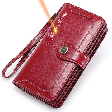 Genuine Leather Zipper Coin Pocket Name Print Female Wallet Multifunctional Card Holder Women Purse