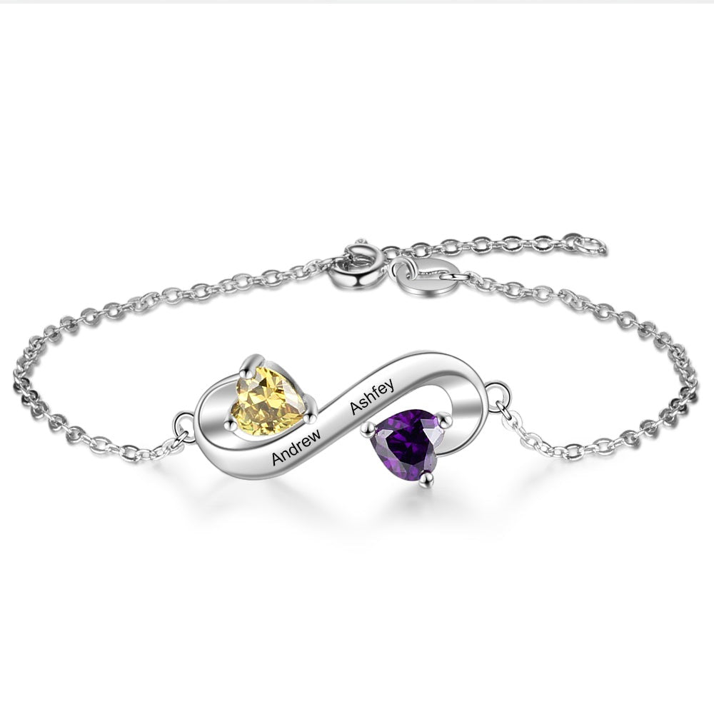 Infinity Heart Birthstone Custom 2 Names Engraved Bracelet