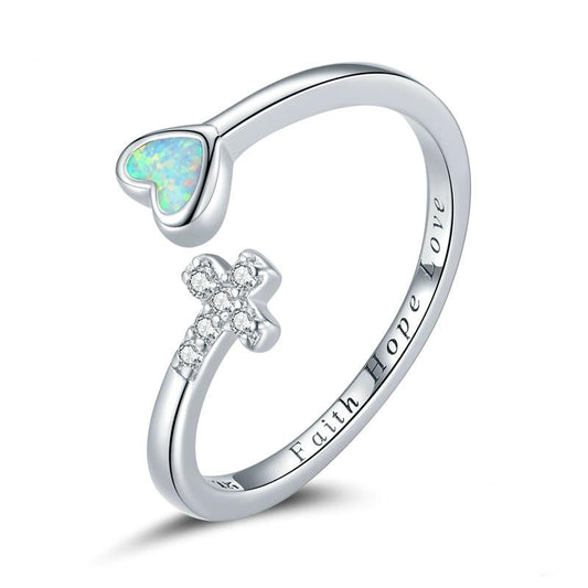 Love Cross Opal Heart Faith Hope Love Open Adjustable Ring
