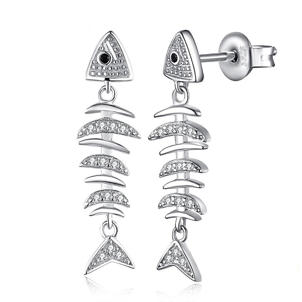 Lucky Fishbone Cubic Zirconia Drop Earrings 925 Sterling Silver Earrings