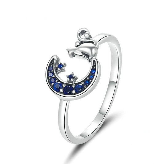 Anillo ajustable de plata de ley 925 con diseño de gato lunar
