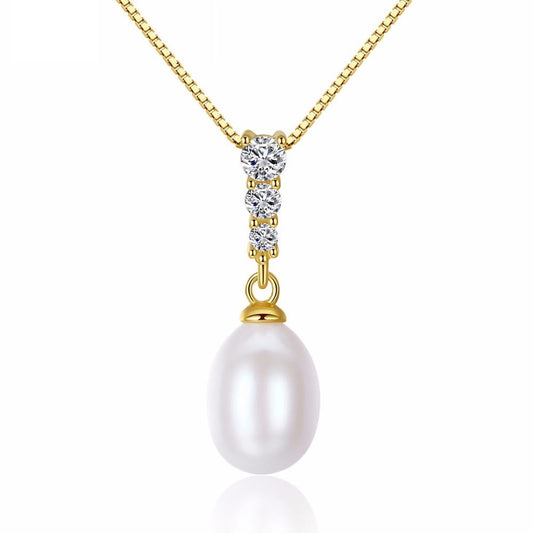 Collar de cadena de plata con perla de agua dulce natural de 8-9 mm, color blanco, rosa y morado, colgante de circonita cúbica, joyería fina
