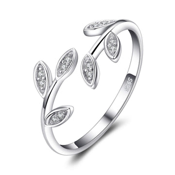 Olive Leaf 925 Sterling Silver Cubic Zirconia Open Ring
