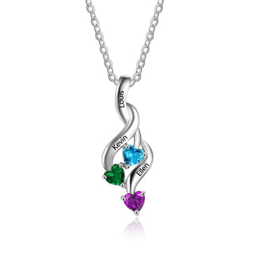 Personalized 12 Birthstone 3 Heart Engrave Name Pendant Necklace 925 Sterling Silver Jewelry