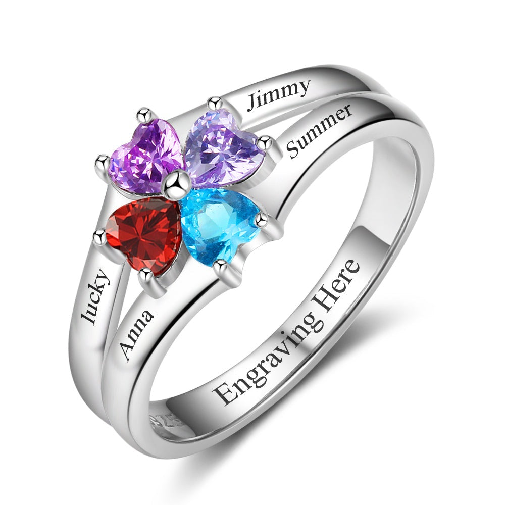 Personalized 4 Birthstone Engrave 4 Name 925 Sterling Silver Ring
