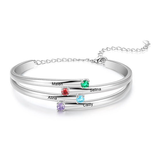 Personalized 4 Birthstones Custom Name Engraved Bracelet