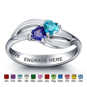 Anillo personalizado de plata de ley 925 con dos corazones y piedra de nacimiento.