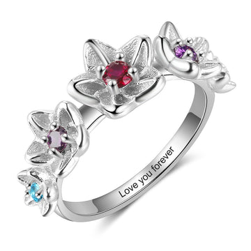 Personalized 925 Sterling Silver DIY Birthstone Engraving Flower Ring