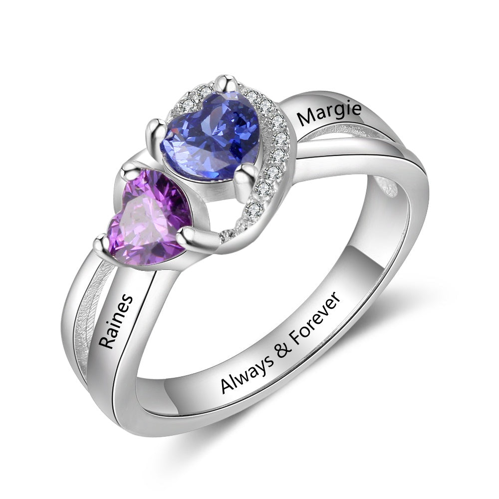 Personalized 925 Sterling Silver Heart Birthstone Custom Engraved Name Ring