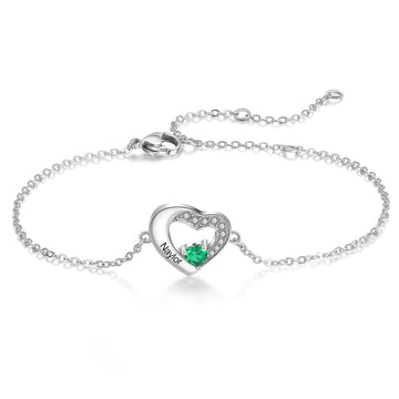 Personalized 925 Sterling Silver Engraved Name Customized Heart Birthstone Bracelet