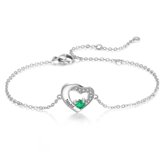 Personalized 925 Sterling Silver Engraved Name Customized Heart Birthstone Bracelet