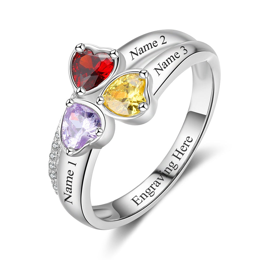 Personalized 925 Sterling Silver Heart Birthstone Customized Engrave 3 Name Ring