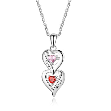 Personalized 925 Sterling Silver Heart Necklace with 2 Birthstones Custom Engraved Silver Pendant Necklace