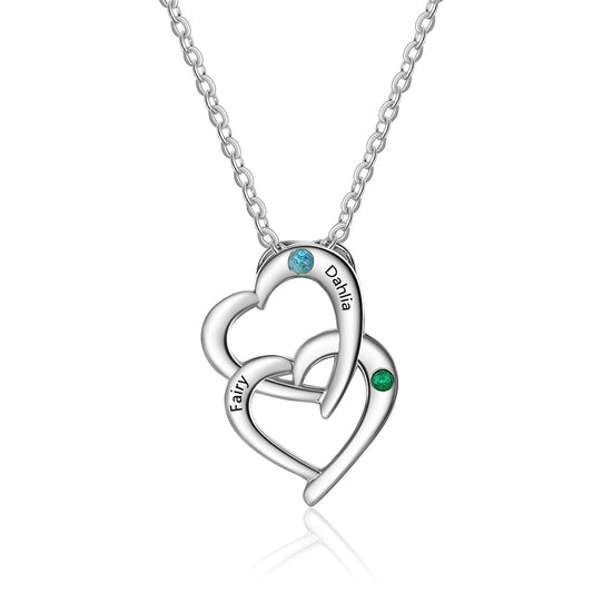 Personalized 925 Sterling Silver Interlocking Heart Necklace with 2 Birthstones Custom Engraved Name Silver Pendant