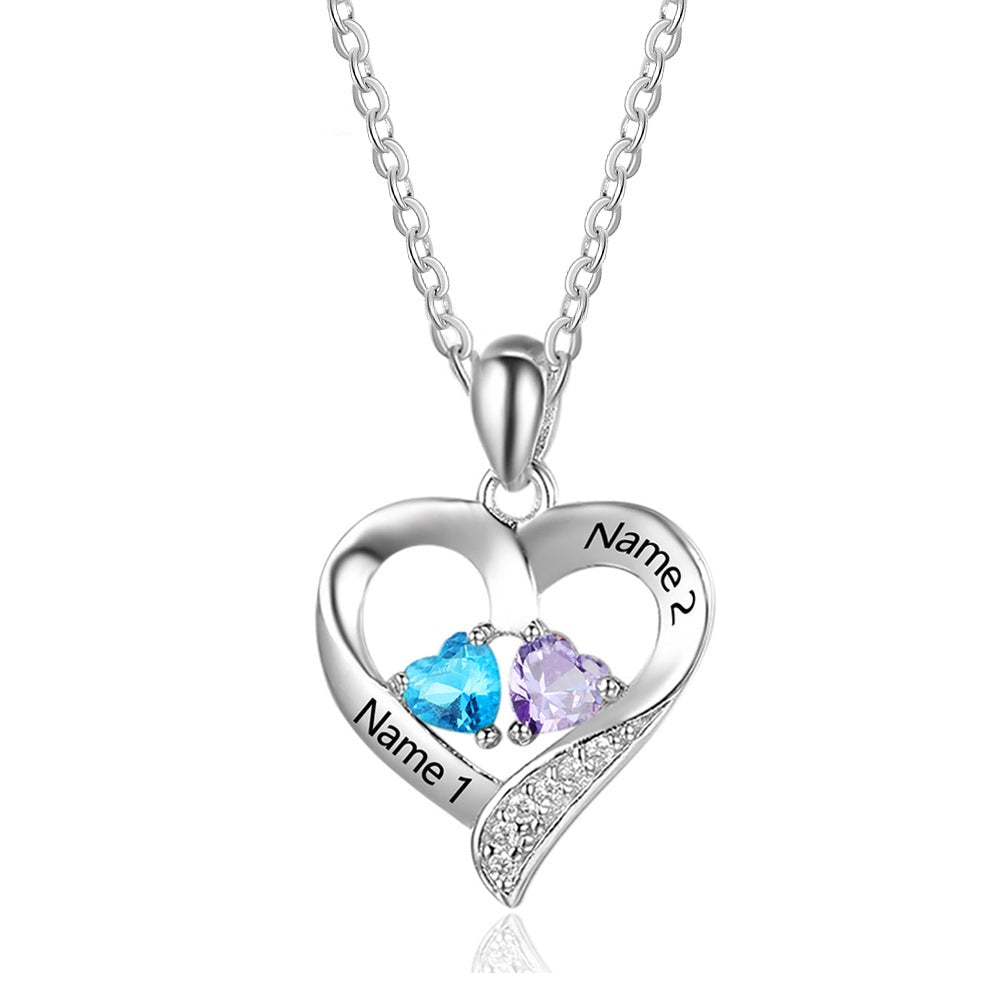 Personalized 925 Sterling Silver Name Necklace with 2 Birthstones Custom Engraved Heart Pendant Necklace