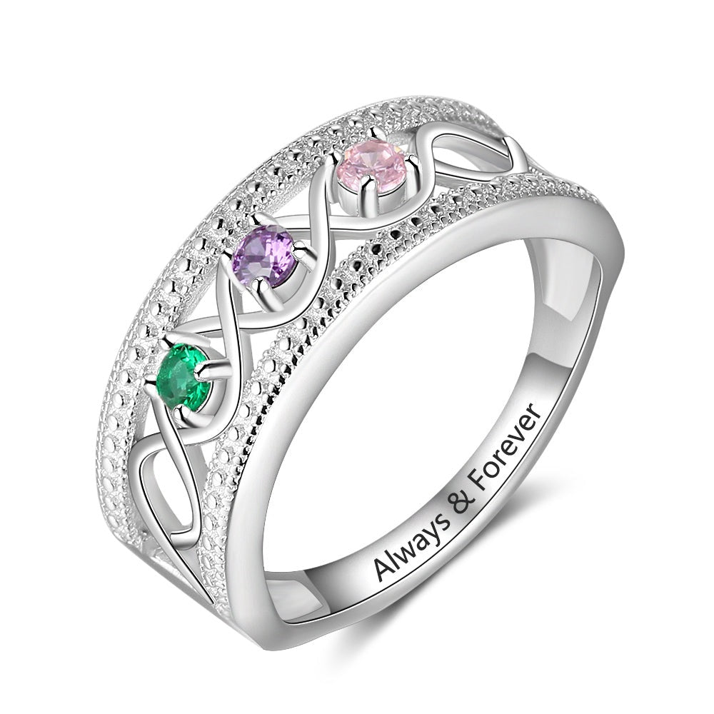 Personalized 925 Sterling Silver 3 Birthstones Custom Name Infinity Love Ring