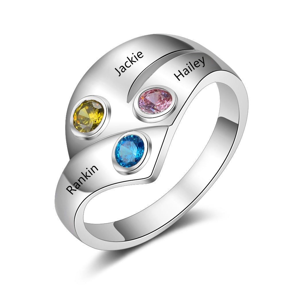 Personalized 925 Sterling Silver Customized 3 Names Birthstone Ring